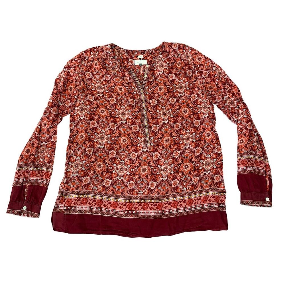 Ann Taylor Loft Women's M Red Floral‎ Henley Blouse Long Sleeve Casual